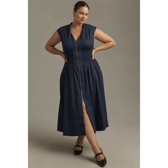 Anthropologie The Tommie Zip-Front Midi Dress Maeve Navy XS NEW - Picture 4 of 10